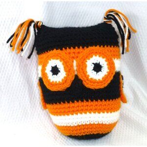 Handmade Crochet Owl Plushie In Black Orange & White With Tassel Ears - Cute & Q